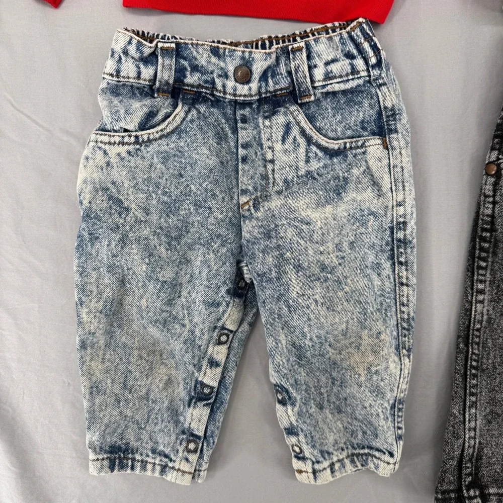 Vintage Toddler Boy Lot 12M Disney Mickey Mouse Hoodie Overalls Acid Wash Jeans